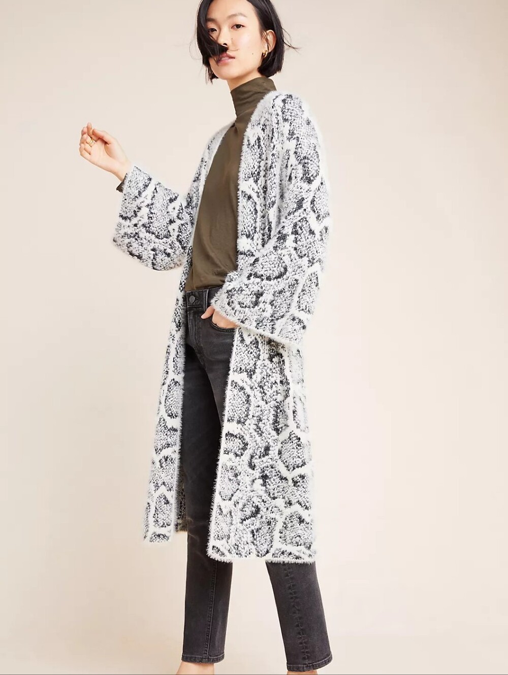 Anthropologie Snake Print Cardig Open Front Kimon Midi-Lenght Fall Cozy Mob Wife